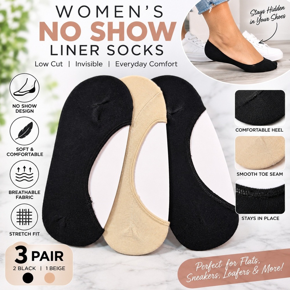 3 Pair Womens No Show Liner Socks Low Cut Invisible Black Beige Stretch Fit